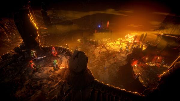 Screenshot from 'No Rest for the Wicked' showing characters overlooking a fiery landscape with tents and glowing structures.