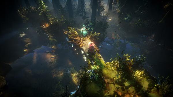 Screenshot from 'No Rest for the Wicked': A character in a forest setting, walking along a moss-covered path surrounded by water.