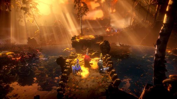 Screenshot from 'No Rest for the Wicked': Three characters stand on a stone bridge surrounded by a glowing, mystical landscape.