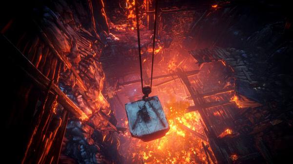 Screenshot from 'No Rest for the Wicked': A character dangles over a fiery pit, surrounded by rocky, molten terrain.
