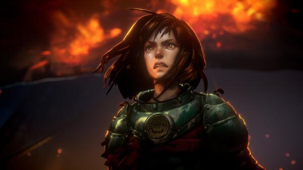 Screenshot from 'No Rest for the Wicked' featuring a character in armor against a fiery backdrop.