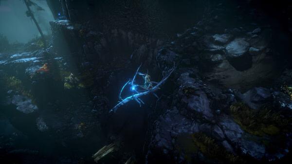 Screenshot from No Rest for the Wicked game, showing a character with a glowing bow navigating a rocky, mystical terrain.