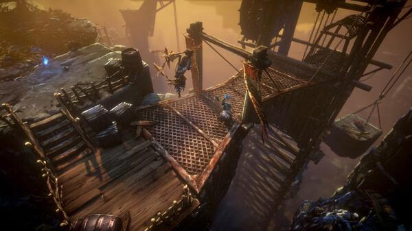 Screenshot from No Rest for the Wicked showing a rugged bridge with a character facing a winged creature amidst a fiery landscape.