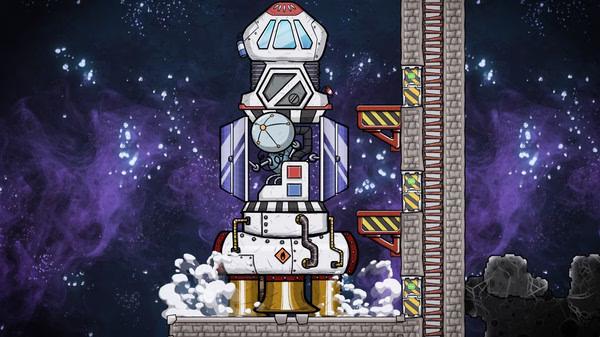 Screenshot from Oxygen Not Included showing a space rocket docked on a platform against a starry cosmic background.