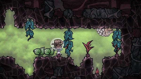 Screenshot from Oxygen Not Included showing a character exploring a rocky cavern with plants and a floating creature nearby.