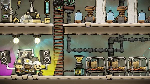 Screenshot of Oxygen Not Included showing duplicants working near machinery, with beds and storage containers in a multi-level base.