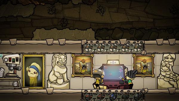 Screenshot from Oxygen Not Included: Two characters interact with an arcade machine surrounded by portraits and statues.