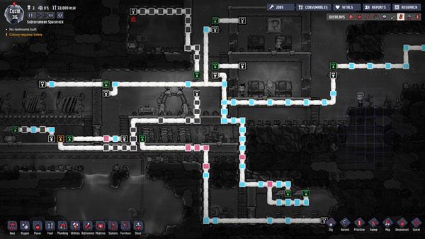 Oxygen Not Included screenshot showing a complex plumbing system with pipes and valves in a colony's underground base.