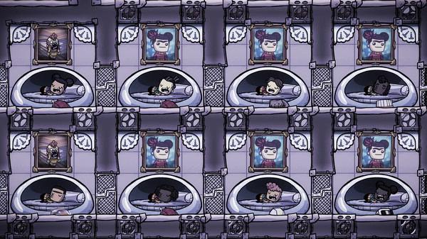 Screenshot of Oxygen Not Included showing duplicants sleeping in cots, surrounded by decorative paintings and dim lighting.