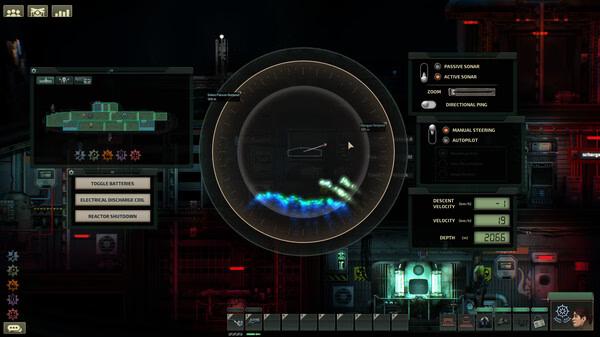 Barotrauma screenshot: Submarine navigation panel with sonar display and control options visible on the screen.