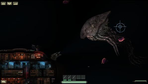 Barotrauma screenshot showing a submarine navigating dark waters, facing a large alien creature and smaller entities.