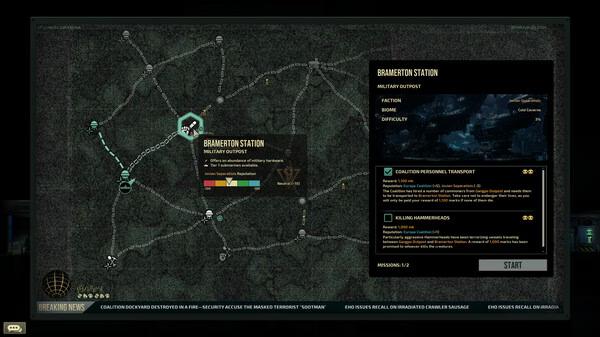 Barotrauma screenshot: A detailed map interface shows Bramerton Station, a military outpost, with mission details and routes highlighted.