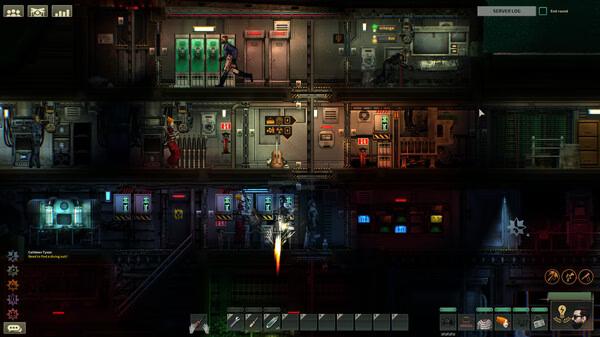 Barotrauma screenshot: A submarine interior with crew members working, machinery, control panels, and a fire in the lower level.