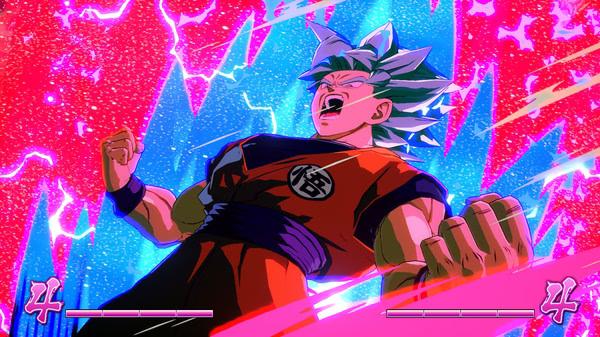 DRAGON BALL FighterZ screenshot: A character in a red outfit charges energy, surrounded by vibrant pink and blue effects.