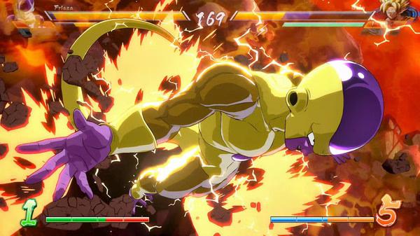 Screenshot from DRAGON BALL FighterZ showing a character in a golden form surrounded by an explosion during intense combat.
