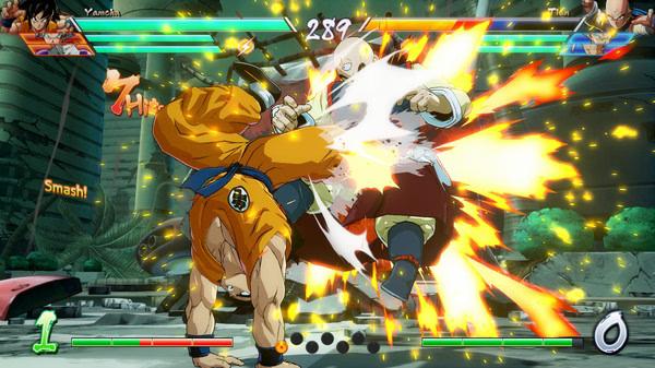 Screenshot of DRAGON BALL FighterZ showing Yamcha delivering a powerful kick to Tien amidst a flurry of bright effects and action.