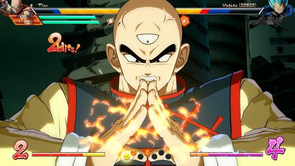 Screenshot from DRAGON BALL FighterZ showing a character performing a powerful energy attack with glowing hands and intense focus.