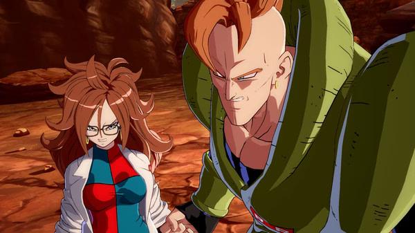 DRAGON BALL FighterZ screenshot: Two characters stand ready for battle on a rocky terrain, one with glasses and the other with a mohawk.
