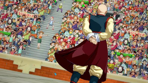 Screenshot from DRAGON BALL FighterZ showing a character facing a cheering crowd in a stadium, with colorful banners visible.