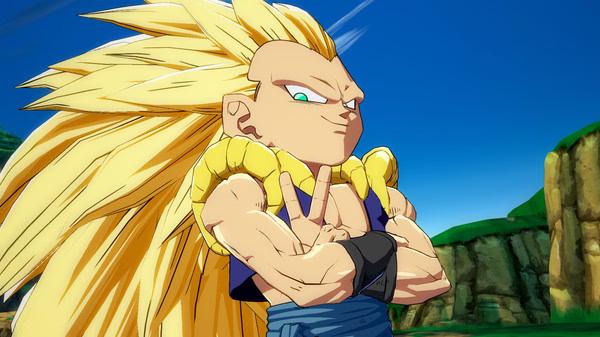 DRAGON BALL FighterZ screenshot: Character with spiky blonde hair and confident pose stands in a lush landscape under a clear blue sky.