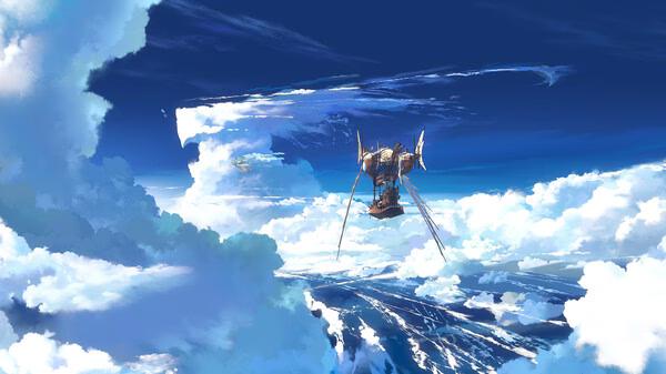 Screenshot from Granblue Fantasy: Relink shows a majestic airship flying through a vibrant blue sky filled with fluffy clouds.