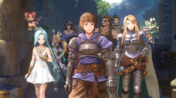 Screenshot of Granblue Fantasy: Relink showing a group of adventurers in detailed armor and attire in a lush outdoor setting.