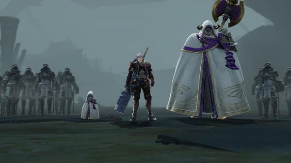 Screenshot from Granblue Fantasy: Relink showing armored characters and robed figures standing together on a misty battlefield.