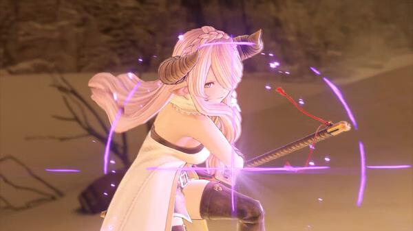 Granblue Fantasy: Relink screenshot showing a character with horns and pink hair wielding a glowing sword in a desert-like area.