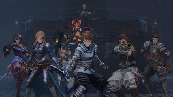 Granblue Fantasy: Relink screenshot showing a group of armored heroes and a cat-like companion in a dark, battle-ready setting.