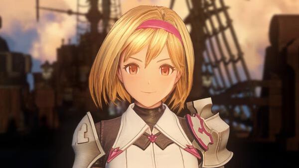 A screenshot from Granblue Fantasy: Relink showing a character with blonde hair and armor standing on a ship deck at sunset.
