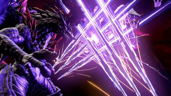 Screenshot from Granblue Fantasy: Relink shows a fierce dragon attacking with glowing purple beams in battle.