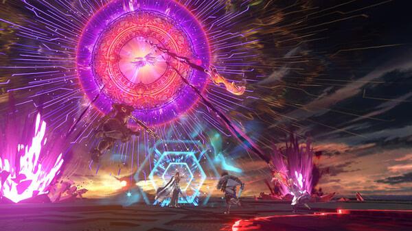 Screenshot from Granblue Fantasy: Relink showing a battle scene with characters fighting under a vibrant, magical sky.