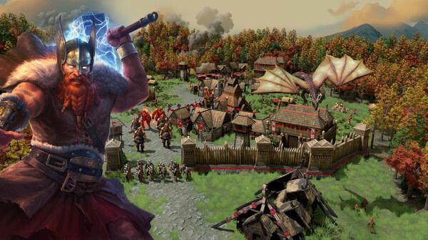 Screenshot from Age of Mythology: Retold showing Norse warrior, village structures, soldiers, and a dragon in a colorful landscape.