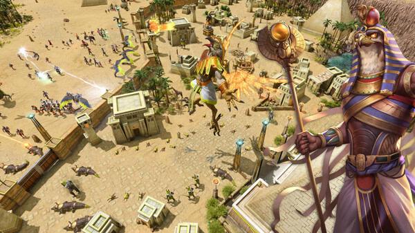 Screenshot from Age of Mythology: Retold showing Egyptian deities and warriors clashing in a desert city battle scene.