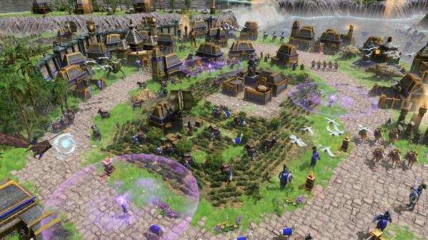 A screenshot from Age of Mythology: Retold showing a bustling city with mythical units, glowing magic circles, and detailed buildings.