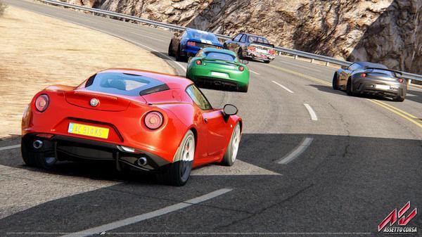 Screenshot of Assetto Corsa featuring several sports cars racing on a winding mountain road under a clear sky.