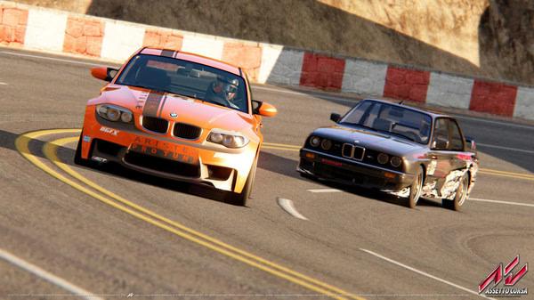 Screenshot from Assetto Corsa showing two BMW cars racing on a curved track with a background of hills and barriers.
