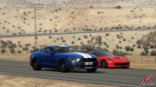 Assetto Corsa screenshot featuring a blue Ford Mustang and a red Ferrari racing on a desert highway with sparse vegetation.