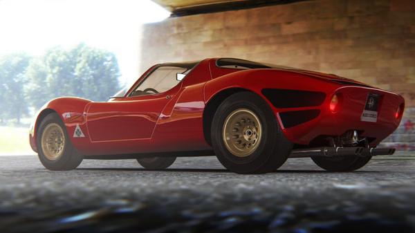 A red sports car parked under a bridge in bright daylight, captured in an Assetto Corsa screenshot.