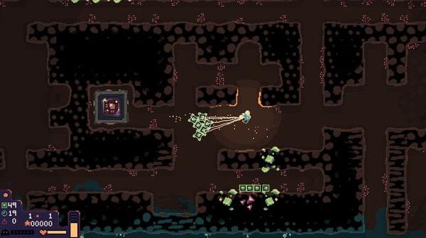 Screenshot of Dome Keeper showing a miner drilling through underground caverns, collecting resources surrounded by dark tunnels.