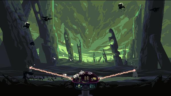 Dome Keeper screenshot: A dome in a rocky alien landscape fends off creatures with laser beams under a green sky.