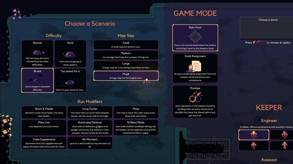 Dome Keeper screenshot showing the scenario selection menu, including difficulty, map size, and keeper options for gameplay setup.