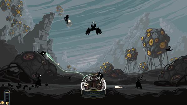 Dome Keeper screenshot: A defensive dome surrounded by alien creatures in a barren, futuristic landscape with glowing structures.