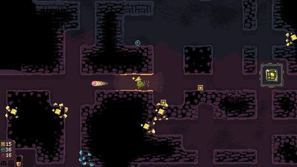 Dome Keeper screenshot: A character digs through underground tunnels collecting resources, surrounded by dark caverns and glowing elements.