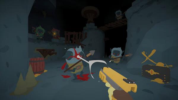 Screenshot from SULFUR showing a player aiming a yellow gun at goblin-like creatures in a dark, cave-like setting.