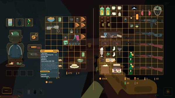 SULFUR screenshot: Inventory screen showing weapons, gear, and items organized in a grid with stats for a selected object.