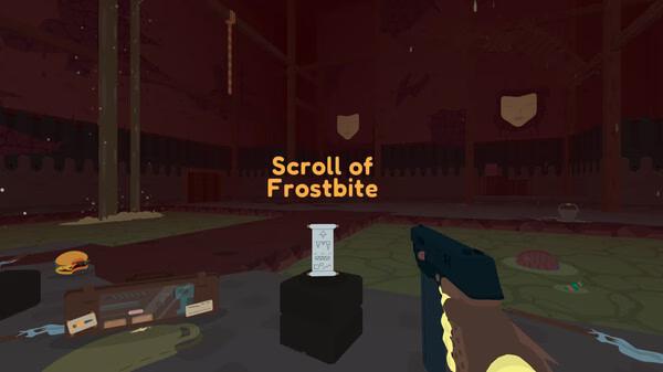 SULFUR screenshot: A player holds a weapon in a dimly lit room, facing a Scroll of Frostbite atop a pedestal amidst scattered items.