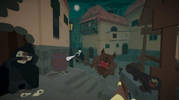 Screenshot from SULFUR: A player aims at a charging beast in a dimly lit medieval village street under a full moon.