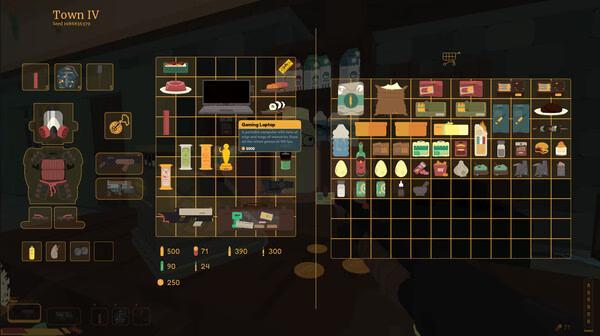 SULFUR screenshot: Inventory screen showing various items, weapons, and resources organized in a grid layout in Town IV.