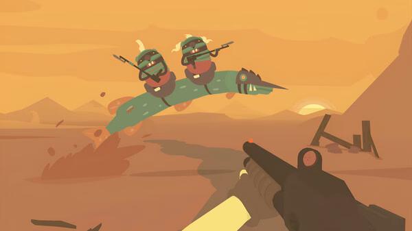 A SULFUR screenshot shows a player aiming at a two-headed, serpentine creature in a desert landscape at sunset.